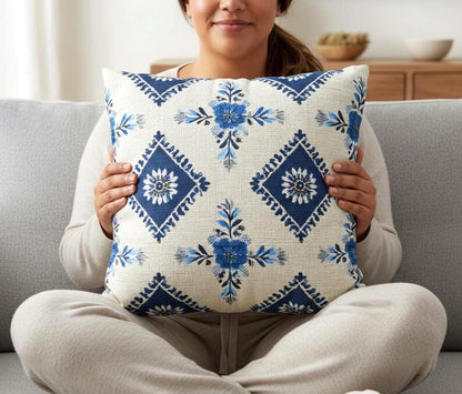 Blue Tile Pattern Pillow Cover, Mediterranean Floral Design, Blue and White Geometric Botanical Coastal Farmhouse Home Decor Pillowcase Gift