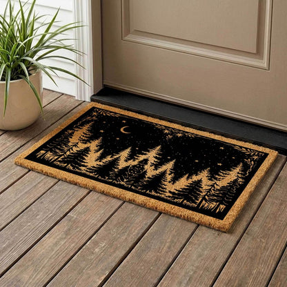 Rustic Coir Doormat, Woodland Pine Tree Night Sky Design