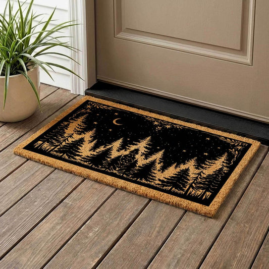 Rustic Coir Doormat, Woodland Pine Tree Night Sky Design