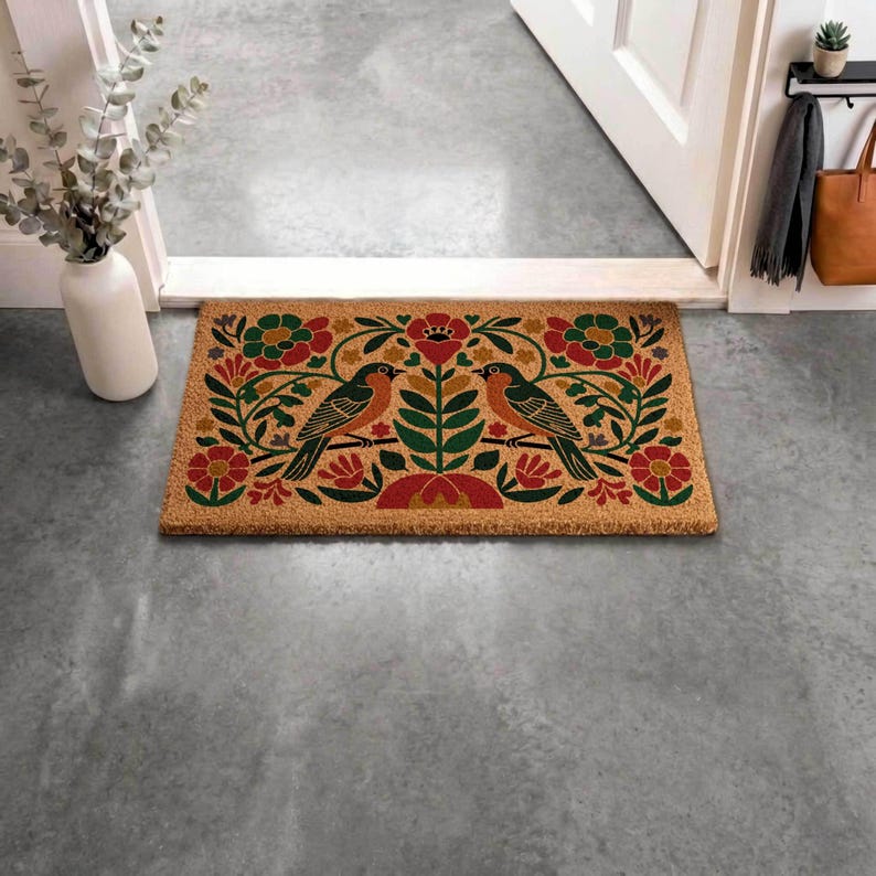 Folk Art Bird Coir Doormat, Floral Welcome Mat