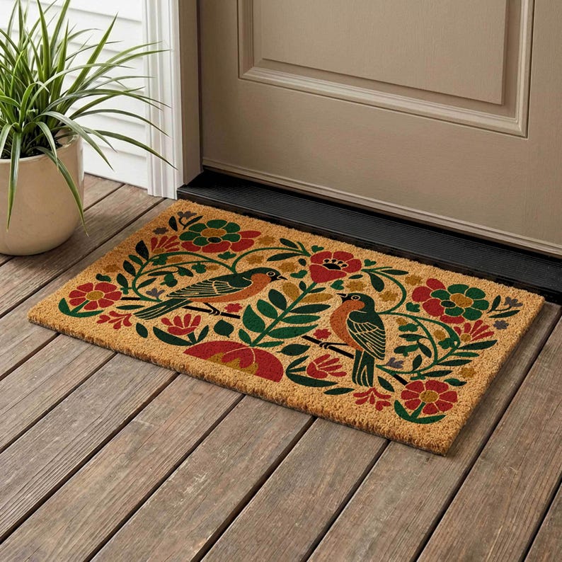 Folk Art Bird Coir Doormat, Floral Welcome Mat