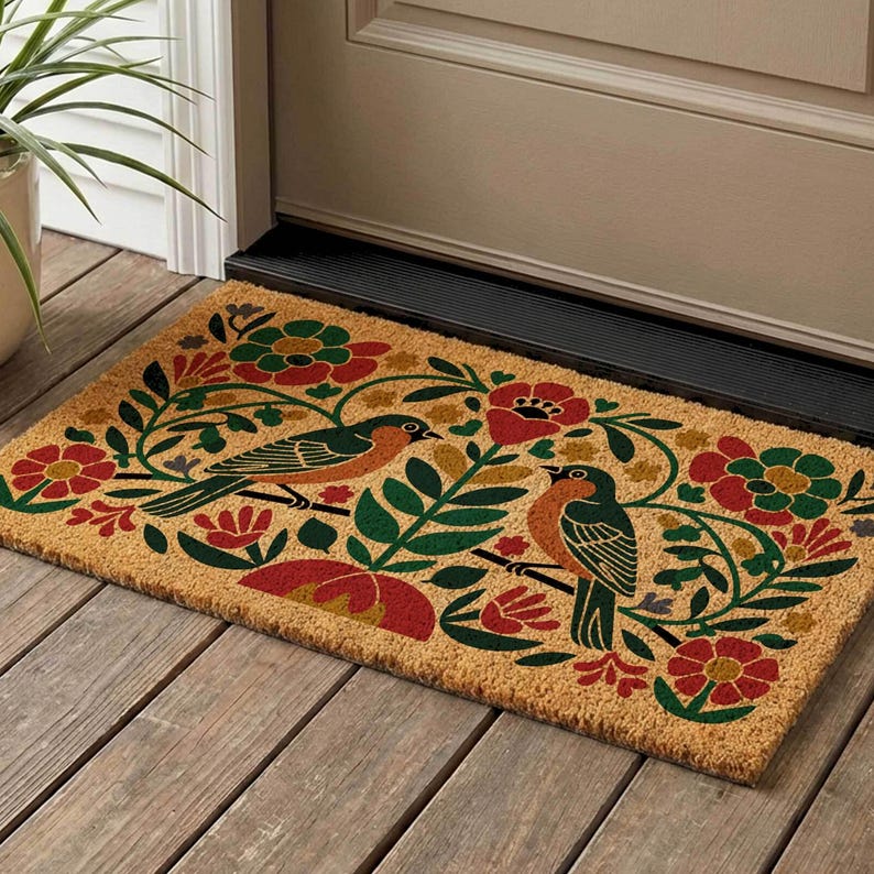 Folk Art Bird Coir Doormat, Floral Welcome Mat