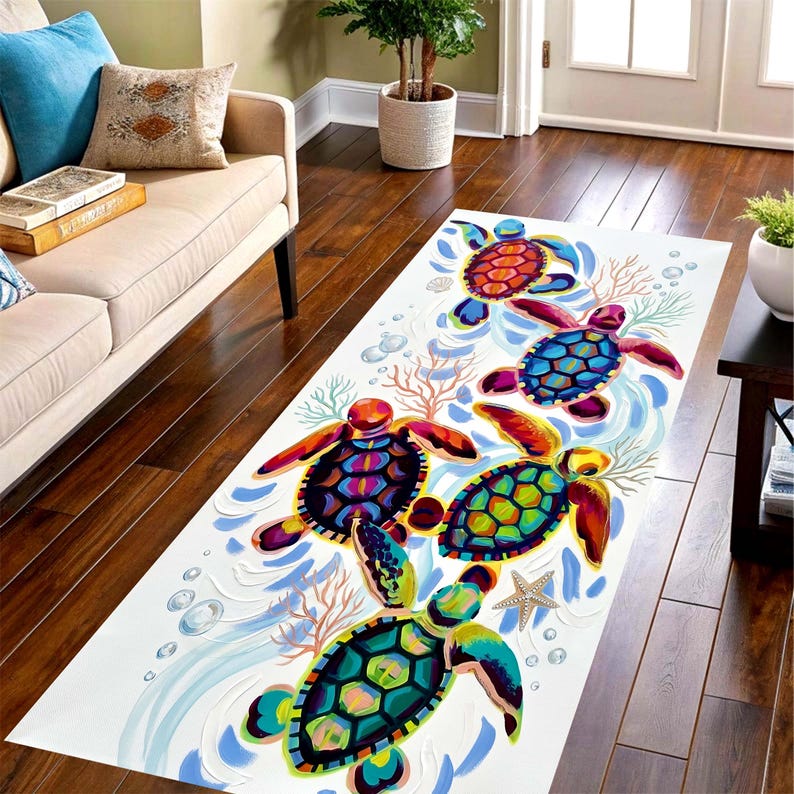 Sea Turtle Runner Rug: Coastal Hallway Carpet, Non-Slip Machine-Washable