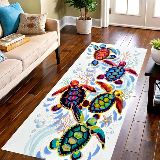 Sea Turtle Runner Rug: Coastal Hallway Carpet, Non-Slip Machine-Washable
