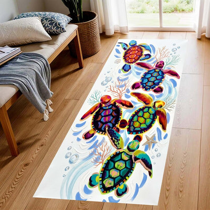 Sea Turtle Runner Rug: Coastal Hallway Carpet, Non-Slip Machine-Washable