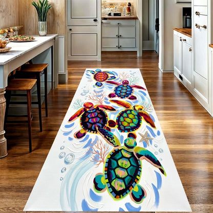 Sea Turtle Runner Rug: Coastal Hallway Carpet, Non-Slip Machine-Washable