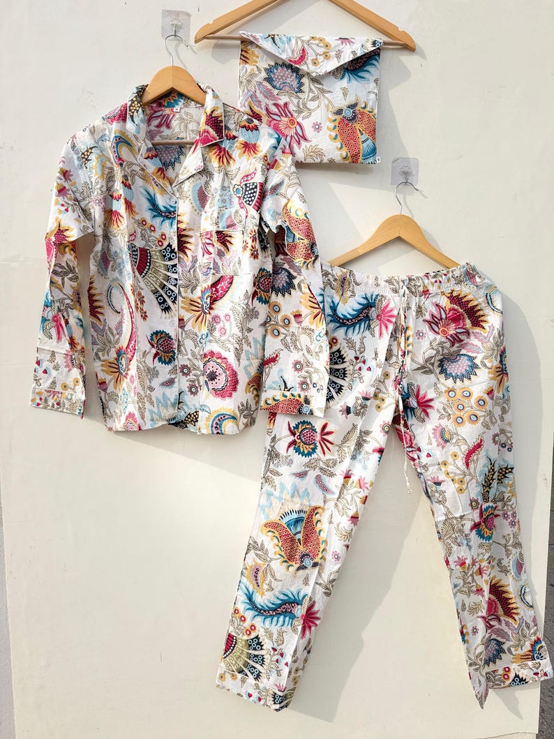 Handblock Print Cotton Pajama Set for Women, Soft Breathable Nightwear, Floral Printed PJ Set, Button Down Sleepwear Lightweight Lounge