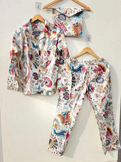 Handblock Print Cotton Pajama Set for Women, Soft Breathable Nightwear, Floral Printed PJ Set, Button Down Sleepwear Lightweight Lounge