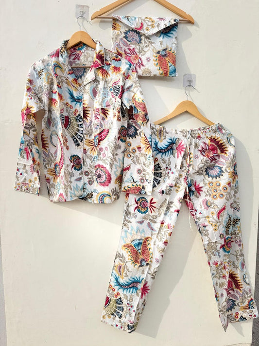 Handblock Print Cotton Pajama Set for Women, Soft Breathable Nightwear, Floral Printed PJ Set, Button Down Sleepwear Lightweight Lounge