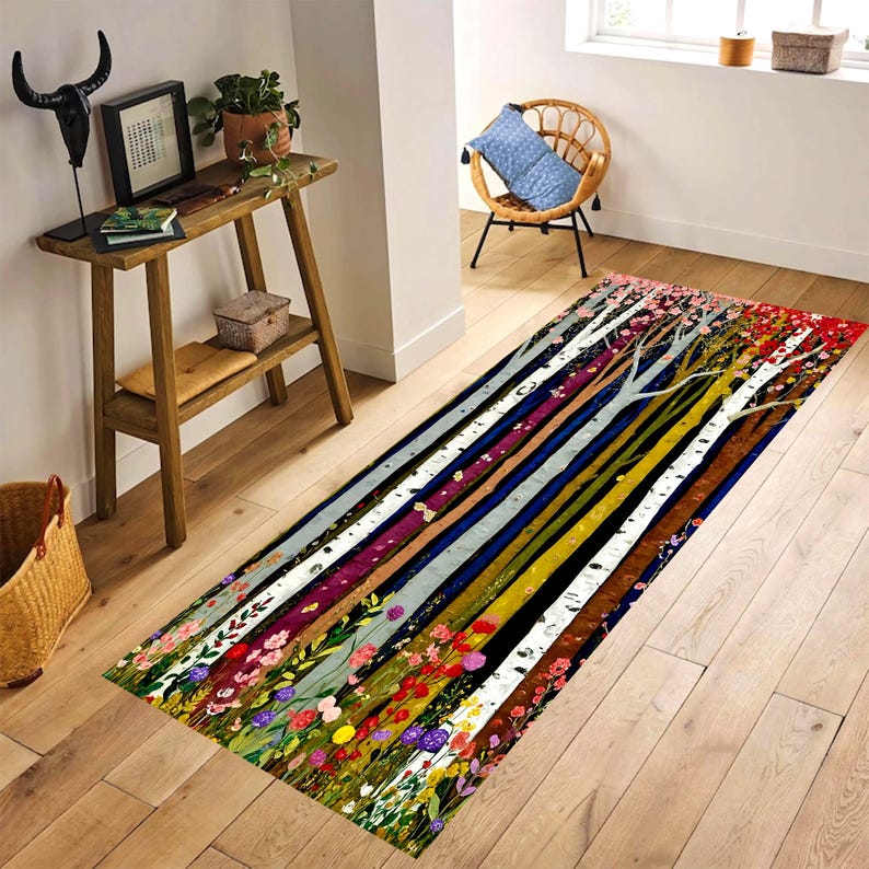 Colorful Birch Tree Runner Rug: Wildflower Forest Hallway Carpet, Machine-Washable Non-Slip