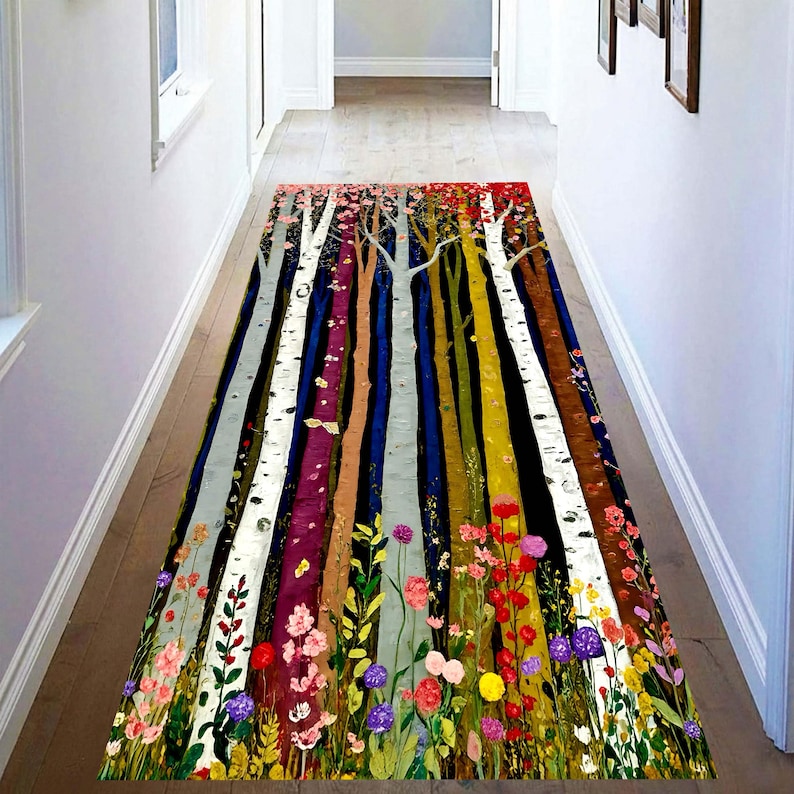 Colorful Birch Tree Runner Rug: Wildflower Forest Hallway Carpet, Machine-Washable Non-Slip