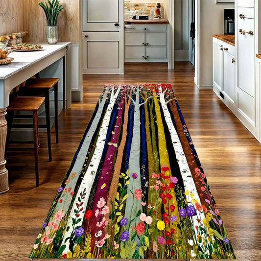 Colorful Birch Tree Runner Rug: Wildflower Forest Hallway Carpet, Machine-Washable Non-Slip