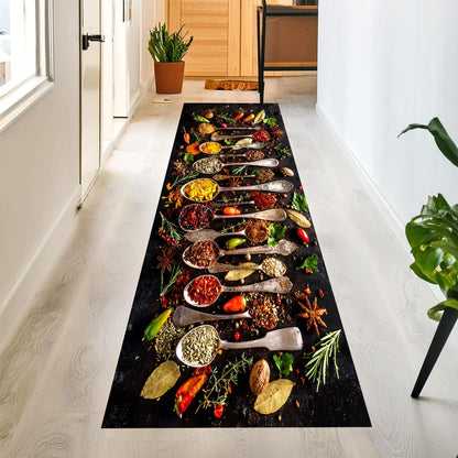 Rustic Spice Spoon Kitchen Runner Rug: Herb and Chili Culinary Farmhouse Carpet, Non-Slip Machine-Washable