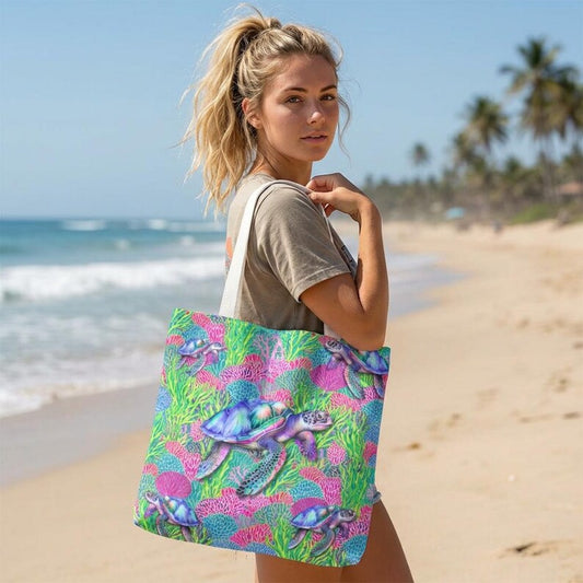 Sea Turtle Beach Tote Bag, Coastal Ocean Tote, Tropical Reusable Bag, Large Beach Bag, Sea Life Shopping Tote, Coastal Gift for Women