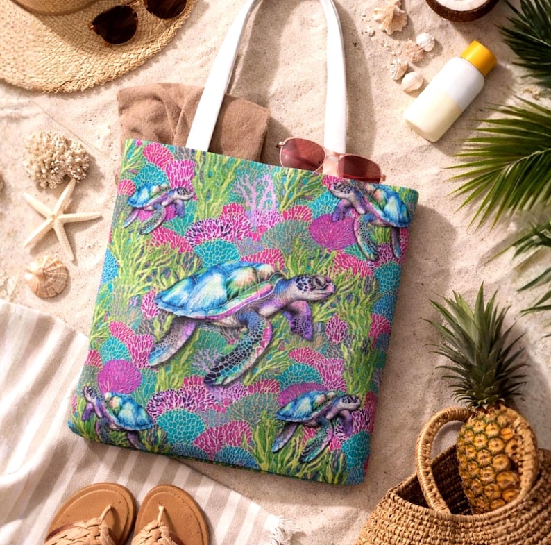 Sea Turtle Beach Tote Bag, Coastal Ocean Tote, Tropical Reusable Bag, Large Beach Bag, Sea Life Shopping Tote, Coastal Gift for Women