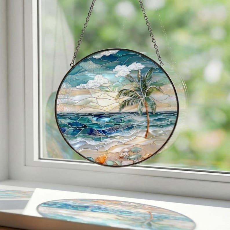 Stained Glass Ocean Waves Suncatcher, Coastal Beach Window Hanging, Ocean Glass Art, Seaside Decor, Beach Lover Gift, Coastal Home Decor