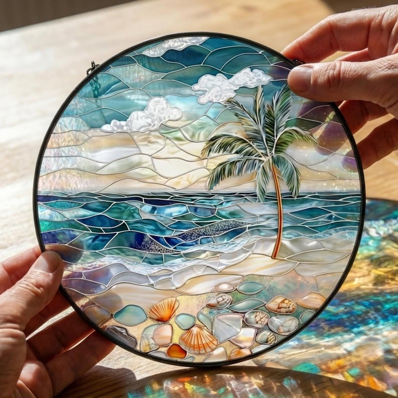 Stained Glass Ocean Waves Suncatcher, Coastal Beach Window Hanging, Ocean Glass Art, Seaside Decor, Beach Lover Gift, Coastal Home Decor