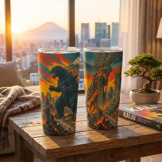 Vintage Godzilla Comic Monster Tumbler, Kaiju City Art Travel Cup, Stainless Steel Tumbler Gift for Monster Fans, Japan Kaiju Monster Cup