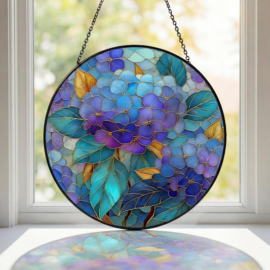 Blue Hydrangea Floral Stained Glass Suncatcher, Vintage Flower Window Hanging, Botanical Sun Catcher Decor, Garden Gift for Her