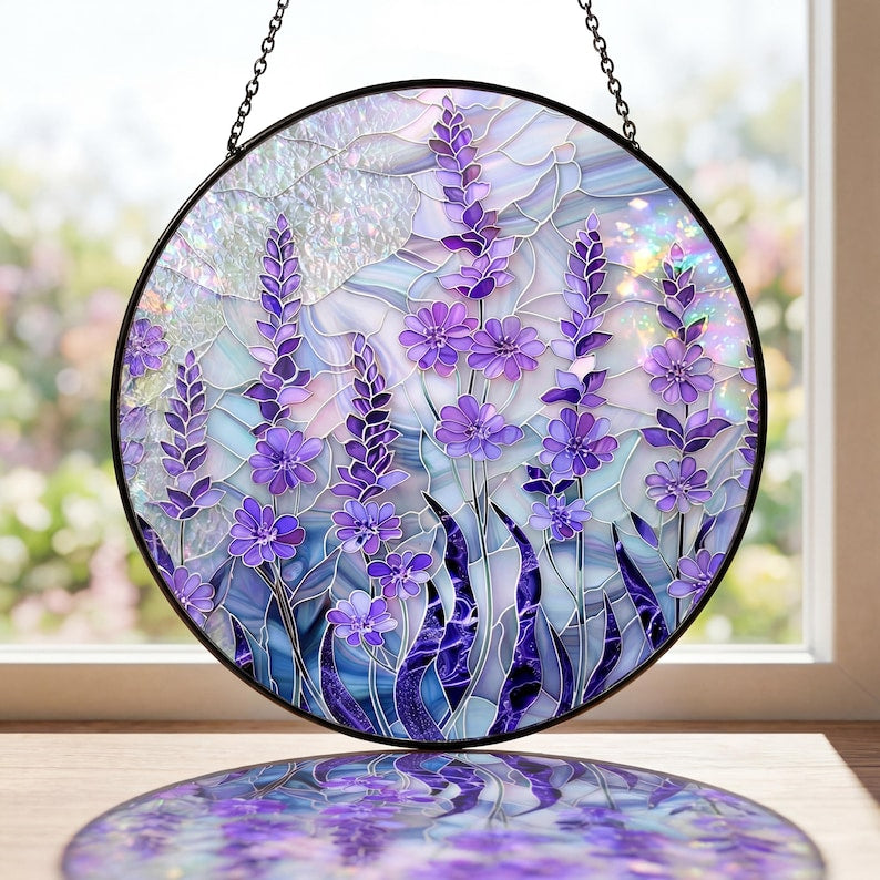 Purple Lavender Stained Glass Suncatcher, Floral Window Hanging, Aesthetic Wildflower Sun Catcher, Botanical Decor Gift for Home
