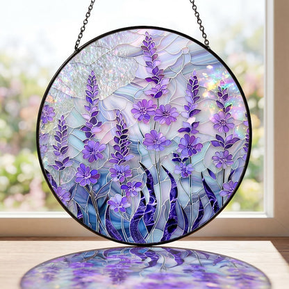 Purple Lavender Stained Glass Suncatcher, Floral Window Hanging, Aesthetic Wildflower Sun Catcher, Botanical Decor Gift for Home