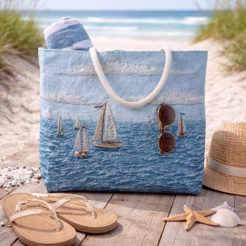 Coastal Beach Tote Bag Sailboat Ocean Summer Bag Nautical Tote Beach House Bag Lake Day Bag Seaside Tote Large Beach Bag Gift