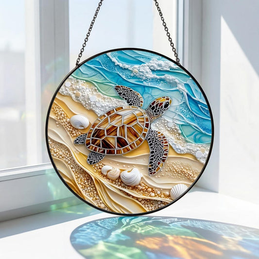 Ocean Sunset Stained Glass Suncatcher, Colorful Wave Window Hanging, Coastal Sun Catcher Decor, Seascape Art Gift for Home