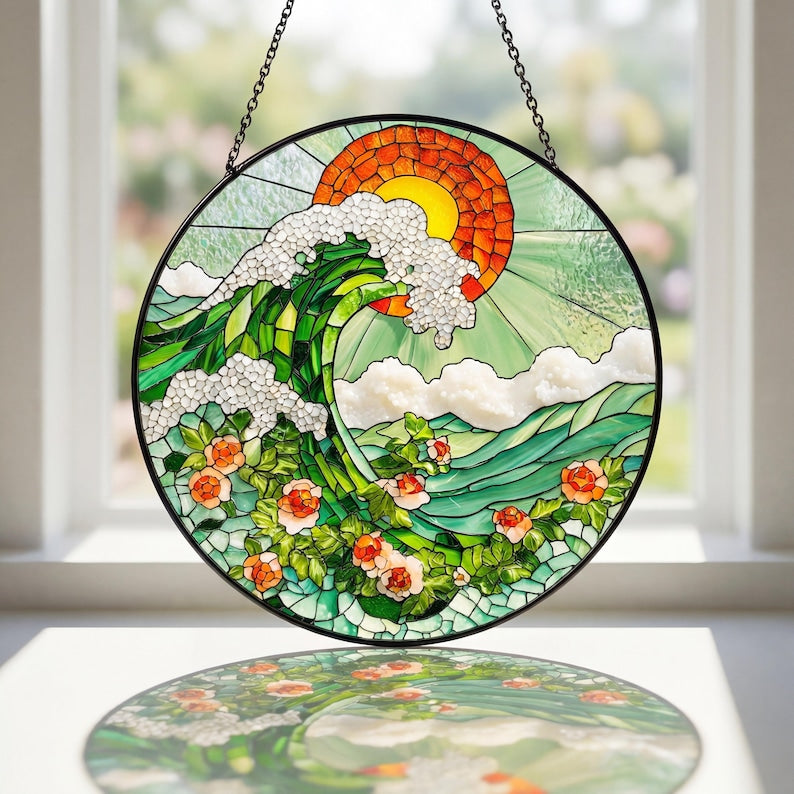 Ocean Sunset Stained Glass Suncatcher, Colorful Wave Window Hanging, Coastal Sun Catcher Decor, Seascape Art Gift for Home