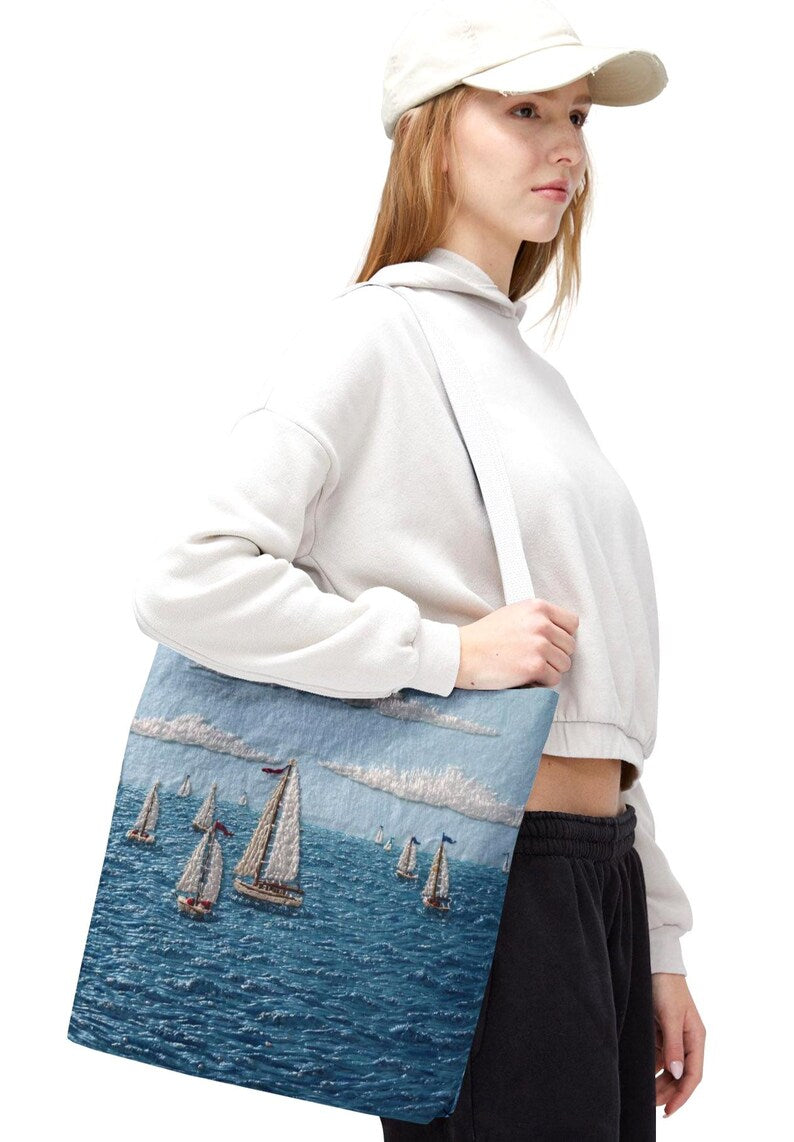 Coastal Beach Tote Bag Sailboat Ocean Summer Bag Nautical Tote Beach House Bag Lake Day Bag Seaside Tote Large Beach Bag Gift