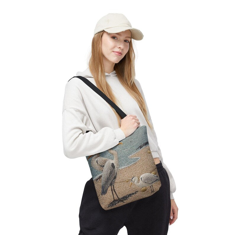 Coastal Heron Beach Tote Bag, Nautical Summer Tote, Ocean Bird Canvas Bag, Lakehouse Beach Bag, Coastal Travel Tote, Gift for Her