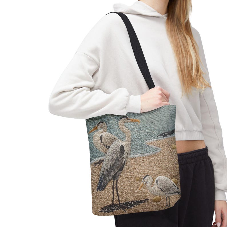 Coastal Heron Beach Tote Bag, Nautical Summer Tote, Ocean Bird Canvas Bag, Lakehouse Beach Bag, Coastal Travel Tote, Gift for Her