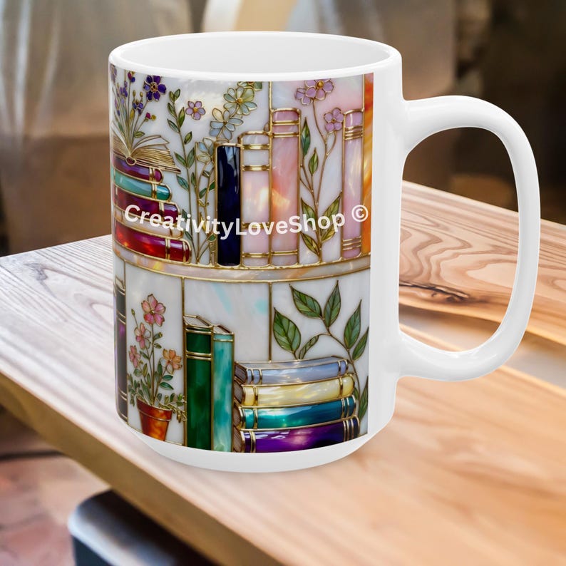 Floral Bookish Stained-Glass Style Mug, Book Lover Gift, Library Aesthetic Cup, Reading Mug