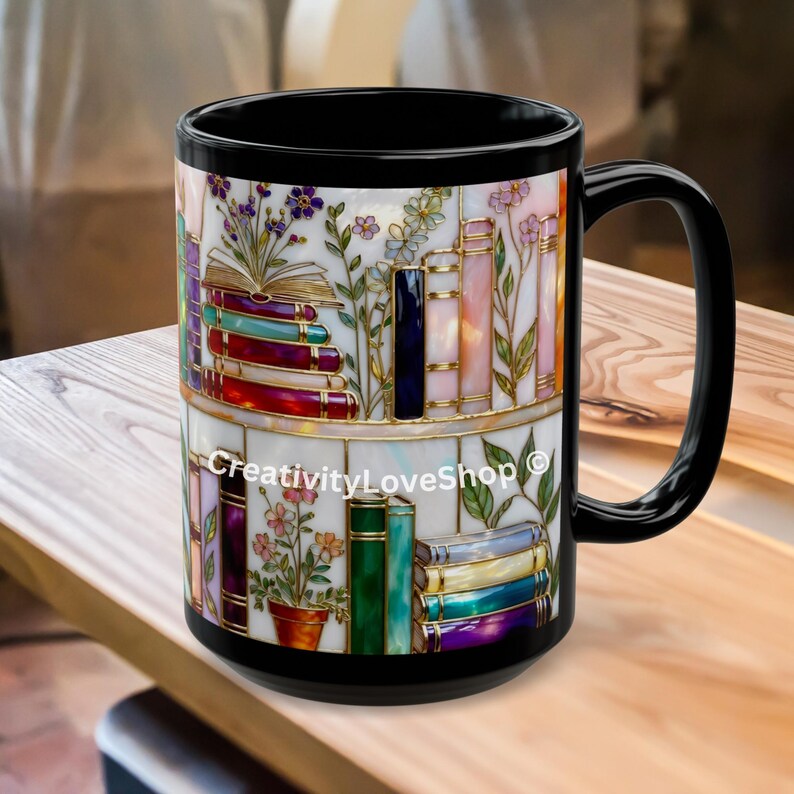 Floral Bookish Stained-Glass Style Mug, Book Lover Gift, Library Aesthetic Cup, Reading Mug