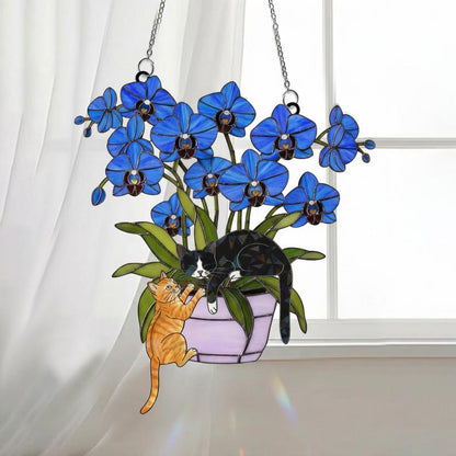 Custom Orchid Cat Suncatcher, Personalized Stained Acrylic Window Hanging, Cute Cats with Purple Flowers, Cat Lover Gift, Home Decor Art