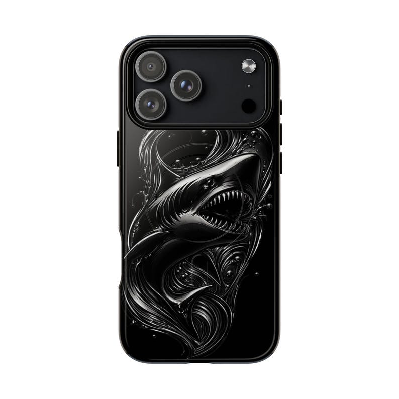 Black Shark iPhone Case MagSafe Tough Case, Dark Ocean Shark Phone Case, Edgy Marine Design iPhone 17 16 15 14 Case, Mens Phone Case