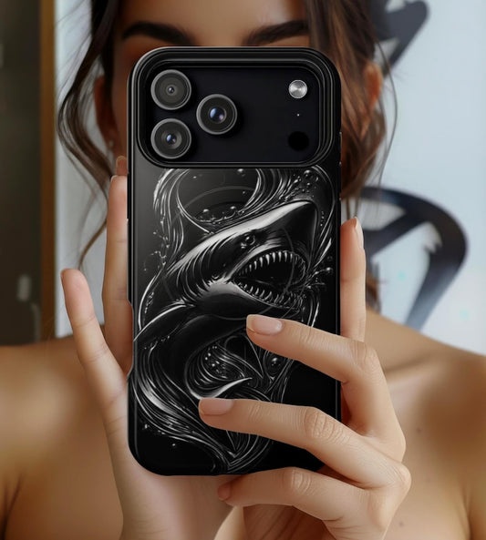 Black Shark iPhone Case MagSafe Tough Case, Dark Ocean Shark Phone Case, Edgy Marine Design iPhone 17 16 15 14 Case, Mens Phone Case