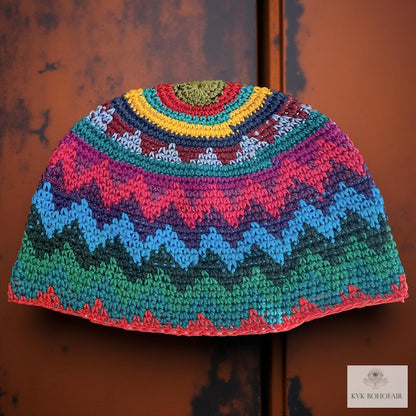 Rainbow Kufi Skull Cap - Crocheted Beanie Hat, Ethically sourced
