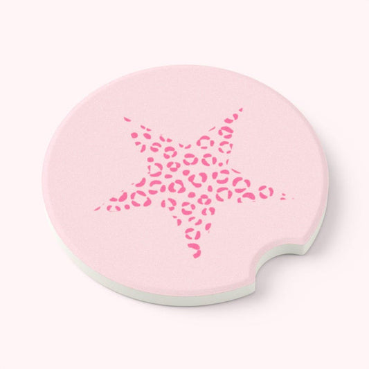 Universal Fit Pink Cheetah Star Car Coasters, 1 or 2pc Soapstone Auto Accessories