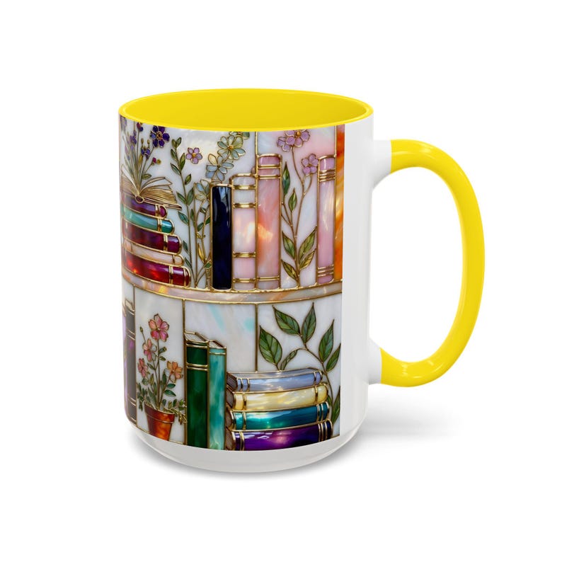 Floral Bookish Stained-Glass Style Mug, Book Lover Gift, Library Aesthetic Cup, Reading Mug