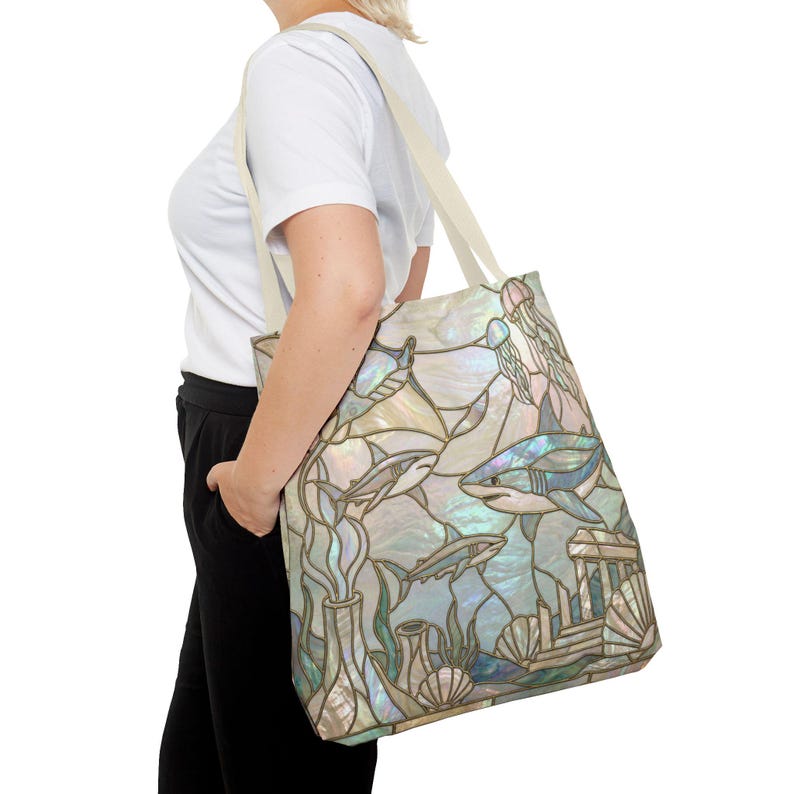 Coastal Shark Tote Bag Beach Bag Ocean Lover Gift, Stained Glass Style Tote, Luxury Beach Tote, Nautical Bag, Coastal Mom Gift, Reusable Bag