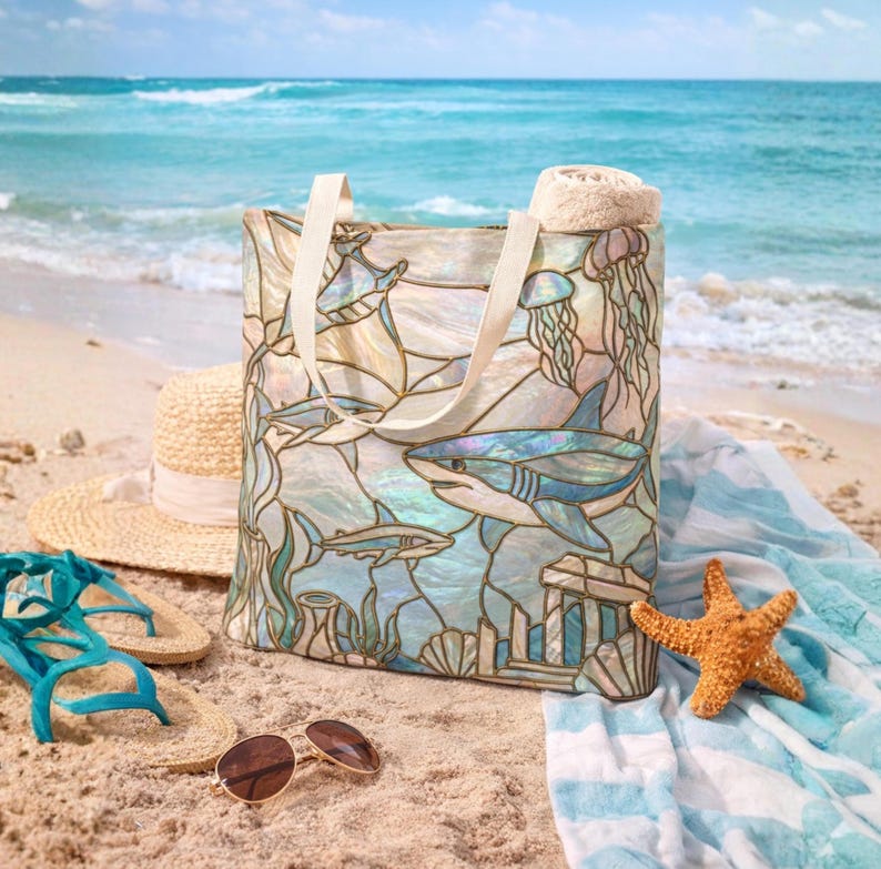 Coastal Shark Tote Bag Beach Bag Ocean Lover Gift, Stained Glass Style Tote, Luxury Beach Tote, Nautical Bag, Coastal Mom Gift, Reusable Bag