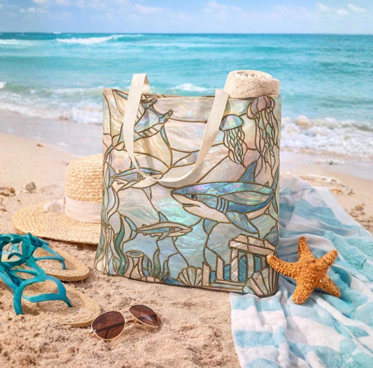 Coastal Shark Tote Bag Beach Bag Ocean Lover Gift, Stained Glass Style Tote, Luxury Beach Tote, Nautical Bag, Coastal Mom Gift, Reusable Bag