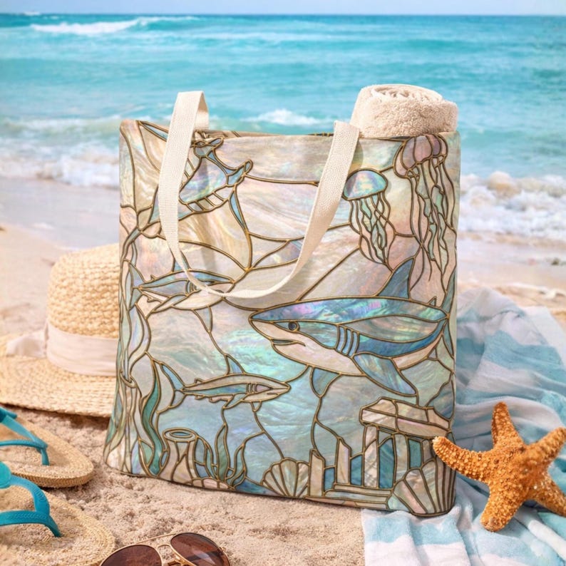 Coastal Shark Tote Bag Beach Bag Ocean Lover Gift, Stained Glass Style Tote, Luxury Beach Tote, Nautical Bag, Coastal Mom Gift, Reusable Bag