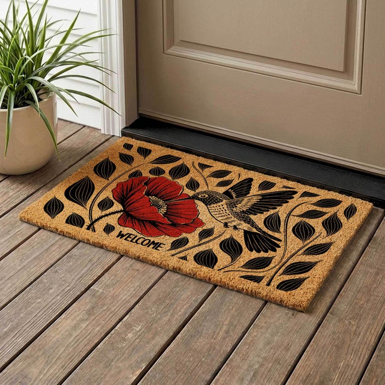 Hummingbird Poppy Coir Doormat, Nature Inspired Floral Entryway Rug