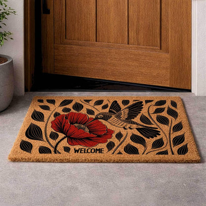 Hummingbird Poppy Coir Doormat, Nature Inspired Floral Entryway Rug