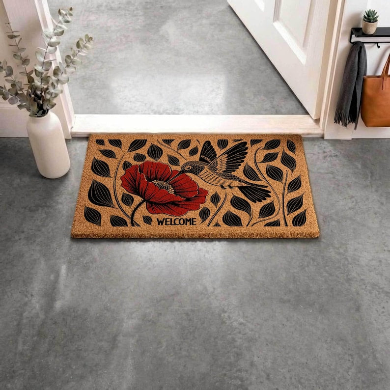 Hummingbird Poppy Coir Doormat, Nature Inspired Floral Entryway Rug