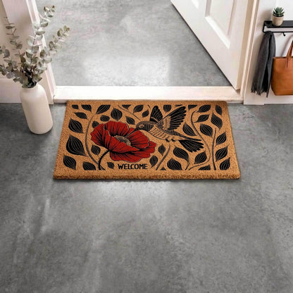 Hummingbird Poppy Coir Doormat, Nature Inspired Floral Entryway Rug