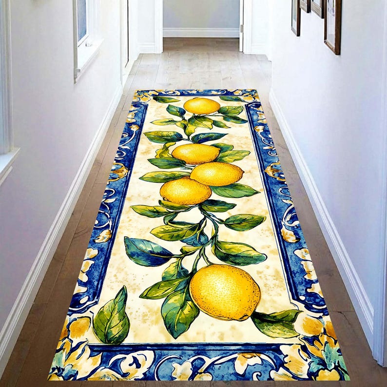 Lemon Branch Kitchen Runner Rug: Mediterranean Citrus Floor Carpet, Non-Slip Machine-Washable