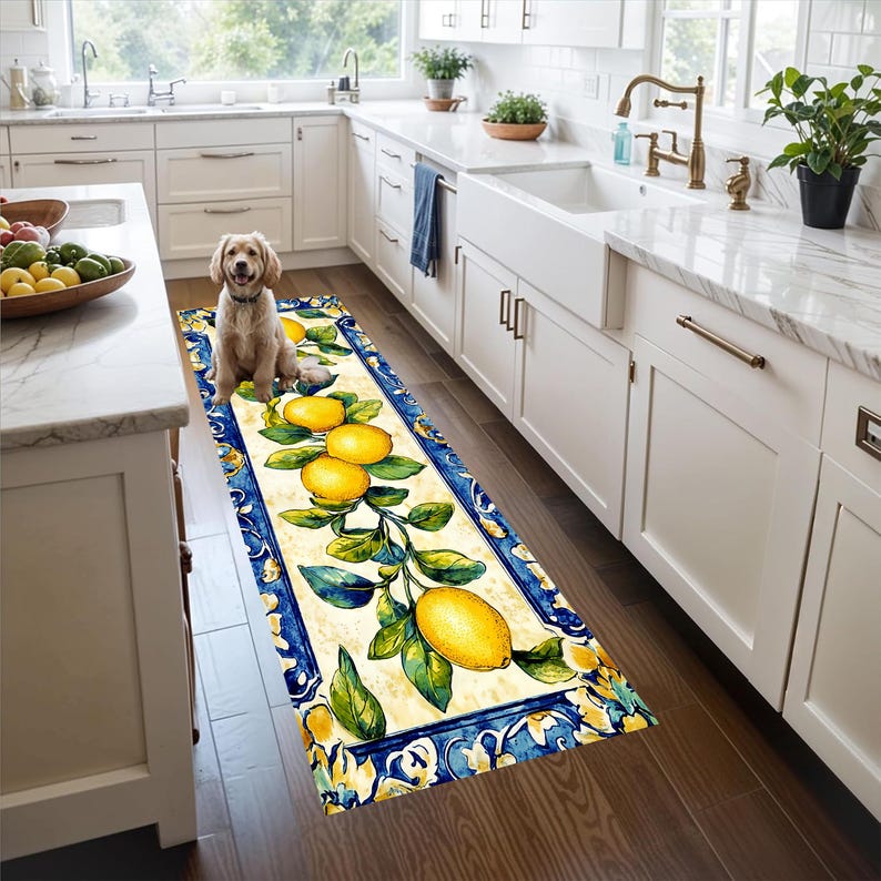 Lemon Branch Kitchen Runner Rug: Mediterranean Citrus Floor Carpet, Non-Slip Machine-Washable