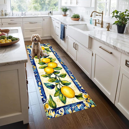 Lemon Branch Kitchen Runner Rug: Mediterranean Citrus Floor Carpet, Non-Slip Machine-Washable